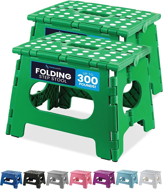 Handy Laundry Folding Step Stool 9 Inch 2-Pack, Green, Holds 300 lbs | 2-Pack, 9 Inch, Green, Foldable Collapsible Step Stool, Non-Slip, Holds 300 lbs, Kitchen Bathroom Bedroom, Adults by Handy+Laundry
