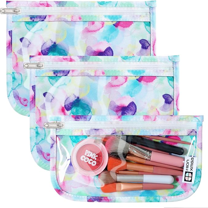 HIONXMGA Set of 3 Clear Travel Toiletry Bag, TSA Approved, Quart Size S/M/L | Clear Front Zipper Pouches Waterproof Cosmetics Bags for Women Kids Toiletries Baby Essentials Well-Organized, Watercolor by HIONXMGA