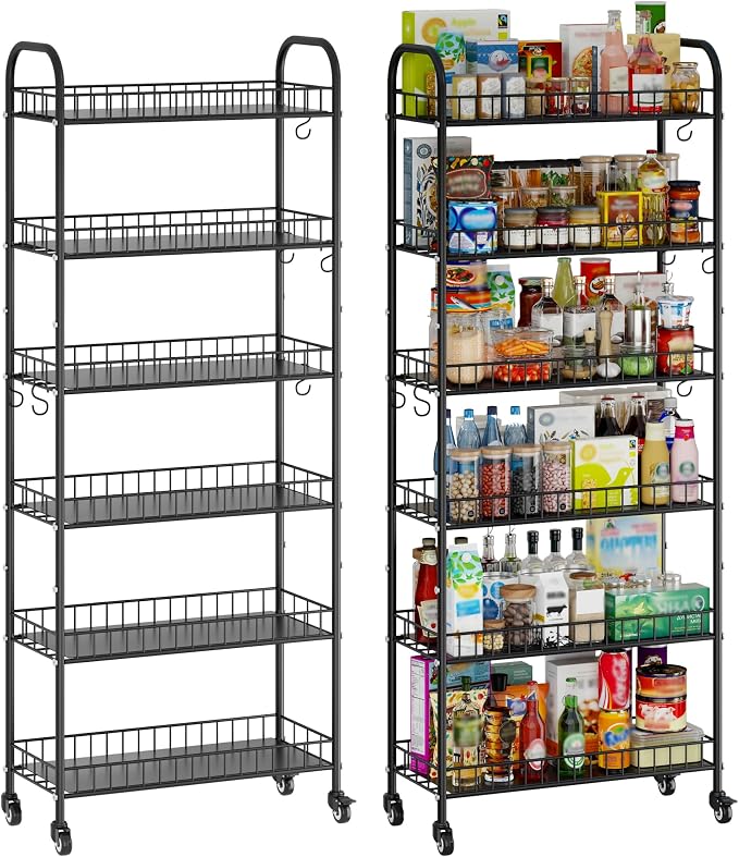 6-Tier Slim Storage Cart, Rolling Kitchen Cart with Wheels | Narrow Metal Shelf Organizer with Hooks for Kitchen, Bathroom, Living Room, Laundry, Small Spaces, Black, 10 in by VKTO