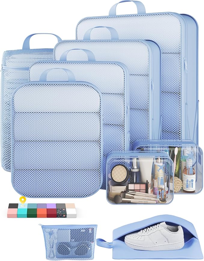 Veken 9/11 Set Compression Packing Cubes Garment Bags for Travel Essentials,Compressible Expandable Luggage Organizer Bags for Clothing,Space Saver Bags with Over 1000 pcs of Mesh Holes(Light Blue) by Veken