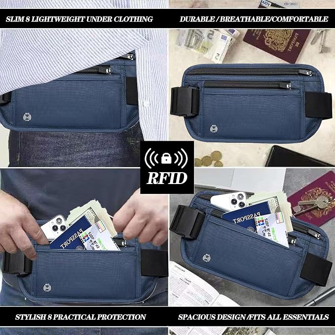 Blue Hidden Money Belt for Travel for Men, Waist Wallet Anti Theft, RFID Passport Holder For Travel Men Or Women, Money Pouch, RFID Passport Holder - Image 6