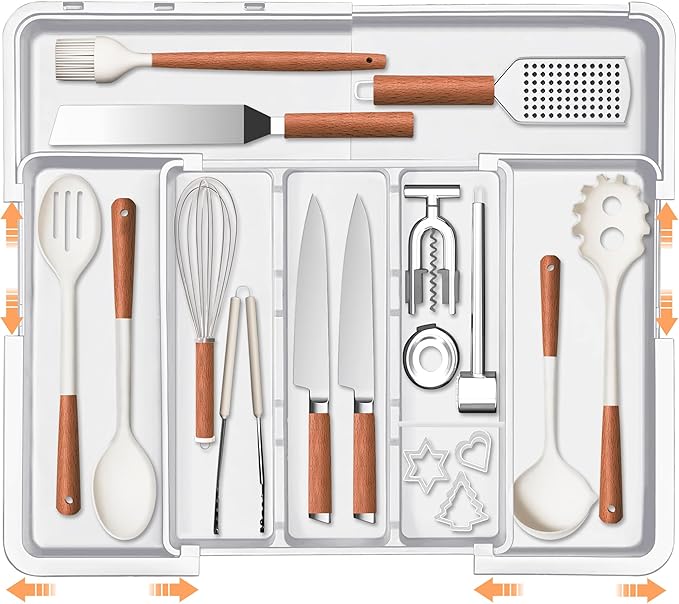 Large Utensil Drawer Organizer Expandable Silverware Organizer for Kitchen Drawer Adjustable Cooking Utensil Holder Cutlery Flatware Tray Spatula Tools Gadgets Storage Dividers Plastic White by Spaclear