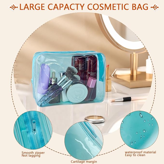 Waterproof PVC Makeup Bag - Leakproof Cosmetic Organizer for Travel Toiletry Storage 9.84×7.09×2.36 Inch for Women & Men (Sky Blue) - Image 3