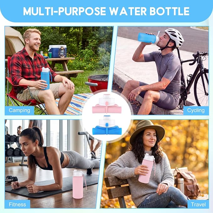 LemonRoad 2 Pcs 19 oz Silicone Collapsible Water Bottle, Pink Blue | Portable Foldable Water Bottle, Leakproof, Carabiner, Reusable, Lightweight, for Travel Sport Hiking Camping Cycling Office - Image 6