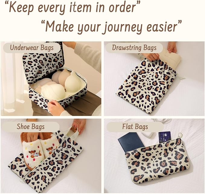 9 Set Packing Cubes for Travel Essentials - Lightweight Carry-On Luggage Organizer Bags with Shoe, Clothes & Laundry Bags for Airplane, Family & Business Travel, Leopard print - Image 5