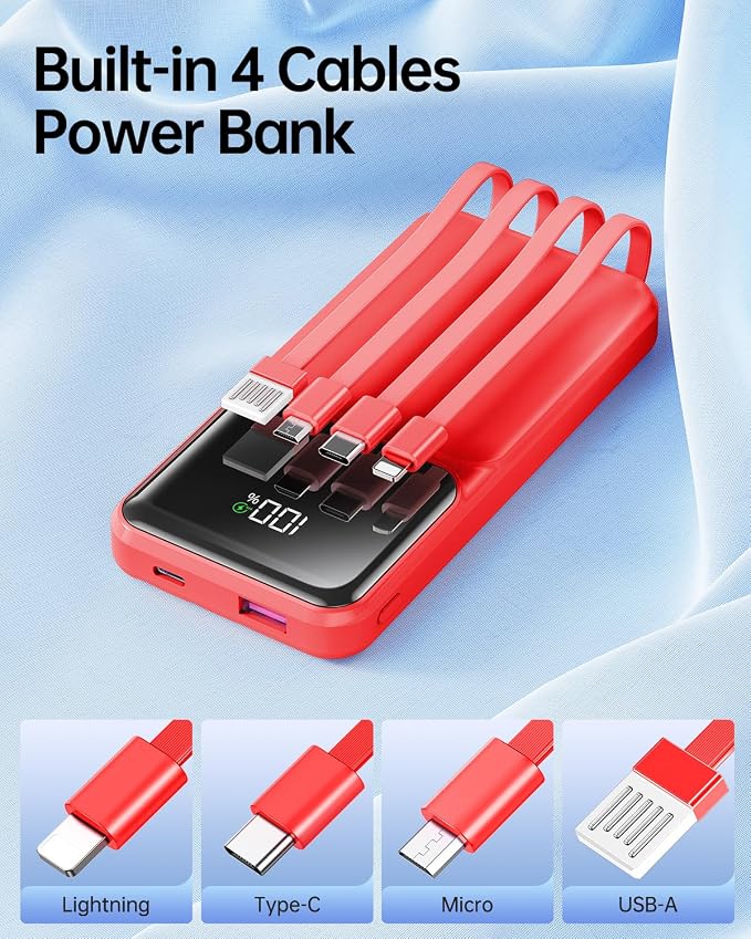 Portable Charger with Built in Cable 20000mAh Fast Charging | Power Bank USB C Slim 22.5W LED Display Battery Pack 5 Outputs & 3 Inputs for Travel Essentials iPhone Samsung Phones Red - Image 2