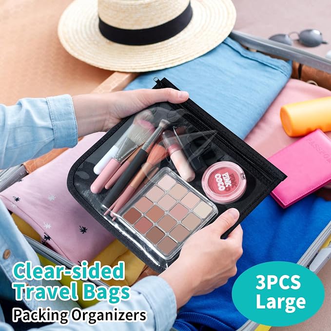 HIONXMGA Set of 3 Diaper Bag Organizing Pouches, Space-Saving, 3 Large Size | Clear Front Toiletry Bags Waterproof Zipper Pouches for Women Kids Toiletries Baby Essentials Well-Organized Carry, Black - Image 3