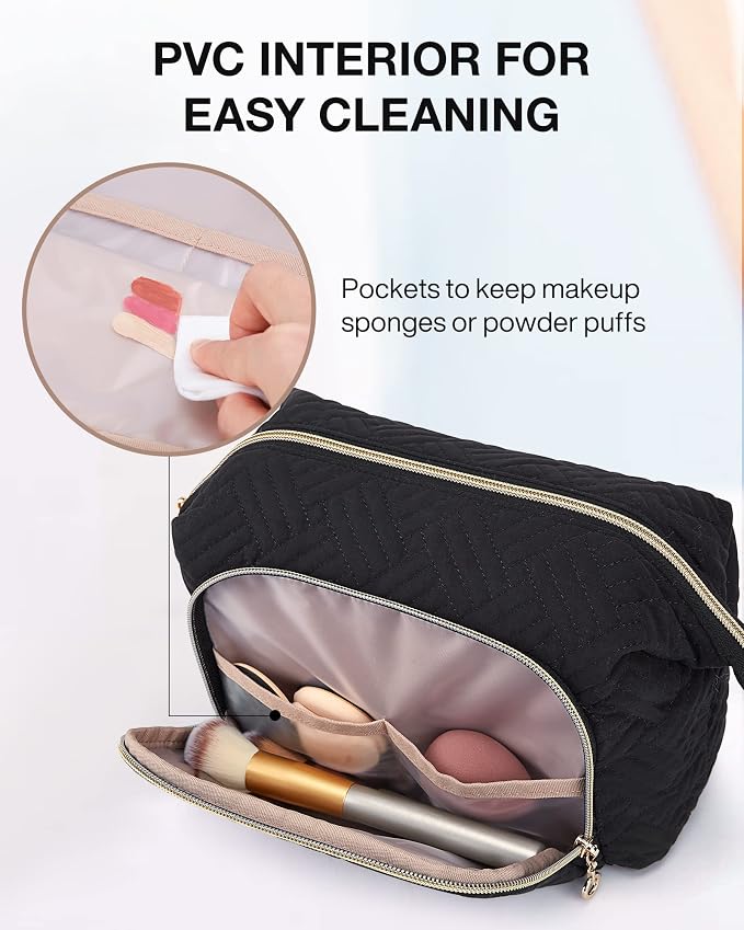 BAGSMART Travel Makeup Bag, Cosmetic Bag Make Up Organizer Case,Large Wide-open Pouch for Women Purse for Toiletries Accessories Brushes Black - Image 3