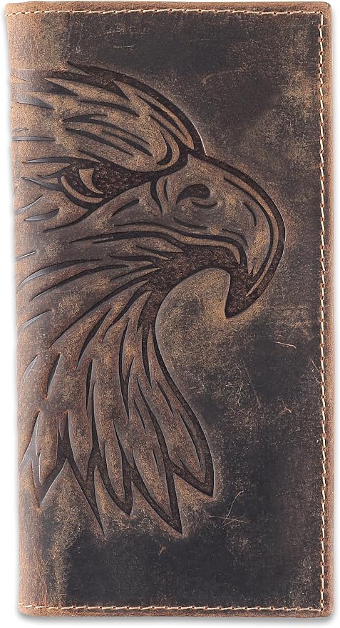 F&L CLASSIC Men's RFID Vintage Look Genuine Leather Long Bifold Wallet Checkbook Wallets,brown eagle head,240-102 by FLCLASSIC