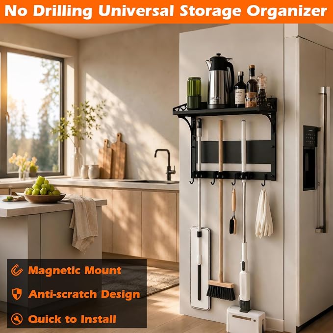 MUTUACTOR Heavy Duty Magnetic Broom Holder,Anti-slip Magnetic Tool Rack with Top Utility Shelf, Easy Assembly Broom Mop Organizer for Refrigerator Metal Cabinet Laundry Room Kitchen,3-Clamps 4-Hooks - Image 3