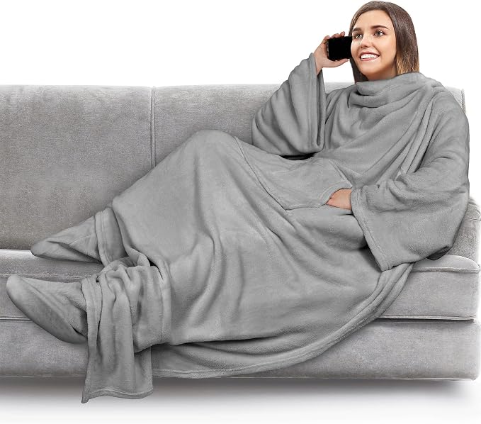 PAVILIA Fleece Blanket with Sleeves, Foot Pockets for Women Men Adults, Plush Wearable Blanket Throw Wrap, Warm Snuggle Blanket Robe, Cozy Gift Ideas Wife Mom, Light Gray by PAVILIA