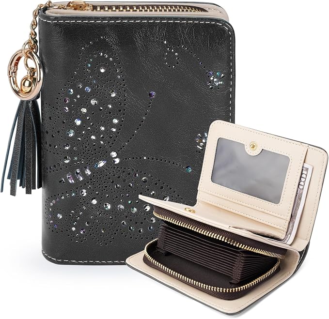 KITEVIUN Women RFID Blocking Small Bifold Wallet, Compact Cash Clutch with Zipper Coin Pocket, Glittery Butterfly Design, Credit Card Holder, Travel Purse with Tassel BLACK by KITEVIUN