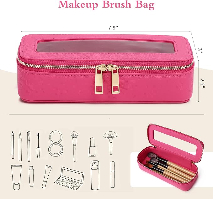 Pinkmik Makeup Brush Case, Fuxia, SLIM | Clear Travel Cosmetic & Toiletry Bag, Small Makeup Bag, Zipper Purse Organizer, Car Essential Bag for Women - Image 2