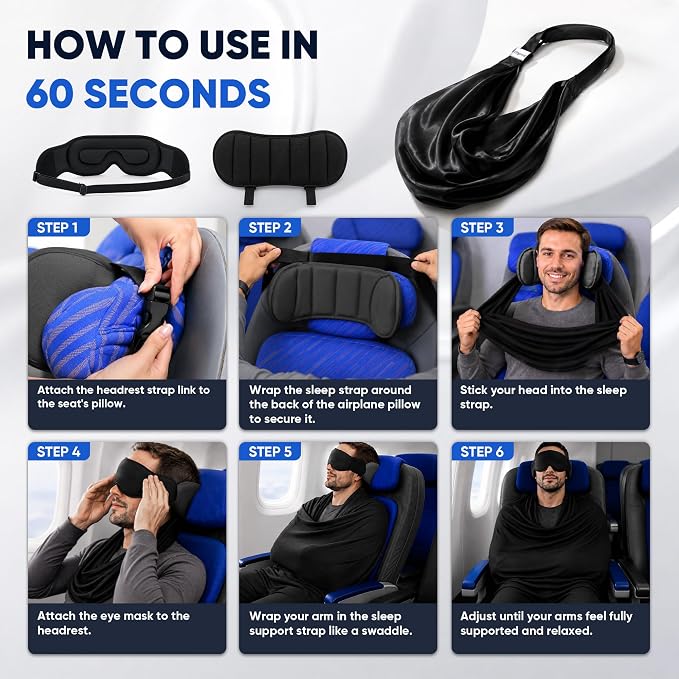 Avernio Travel Pillow with Eye Mask, 3-in-1 Airplane Sleep Support Travel Essentials for Comfort, Portable Sleep System with Neck Support Head Strap, Sleeper Hold for Flight Car Train (M Size) - Image 7