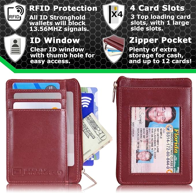 ID STRONGHOLD RFID Front Pocket Wallet Mini Minimalist Wallet Slim Wallet Genuine Leather with Zipper , Red , Small - Image 3