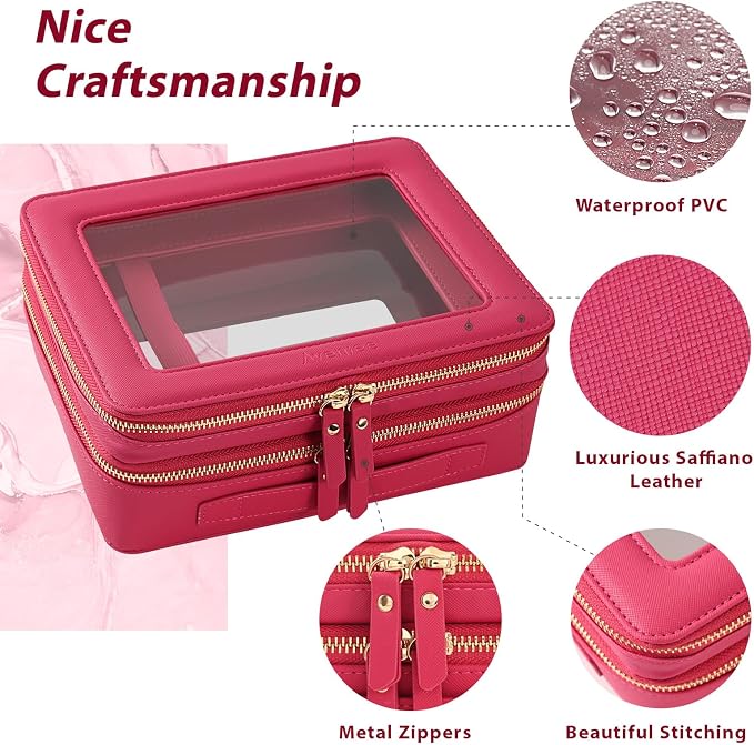 Aveniee XL Clear Makeup Organizer,Double Layer Travel Cosmetic Case with Brush Holder & Zippered Compartments,Big Toiletry Bag for Travel Accessories,2 Layers Large,Hotpink - Image 2