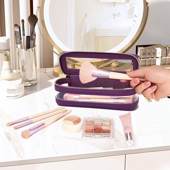 Pinkmik Makeup Brush Case, D.Purple | Clear Travel Cosmetic & Toiletry Bag, With Zipper, Small Purse Organizer, Car Essential for Women - Image 2