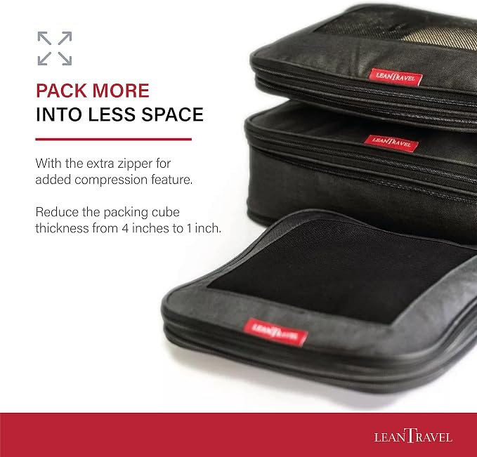 LeanTravel Premium Compression Packing Cubes for Travel - Suitcase Organizer Bags with Double Zipper & Breathable Mesh Panel - Space Saving Carry On Luggage Essentials (3-Pack, Black) - Image 8