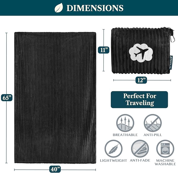 PAVILIA Travel Blanket Pillow, Soft Ribbed Fleece Airplane Blanket, Black | 65x40, Compact Packable Plane Throw with Bag, Luggage Strap and Back Pocket, Cozy Flight Essentials Travelers Camping Gift - Image 6