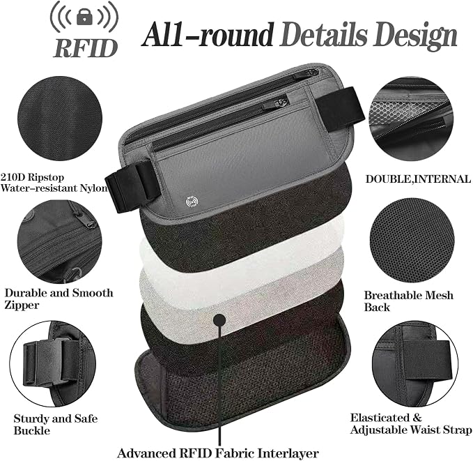Gray Hidden Money Belt for Travel for Men, Waist Wallet Anti Theft, RFID Passport Holder For Travel Men Or Women, Money Pouch, RFID Passport Holder - Image 4