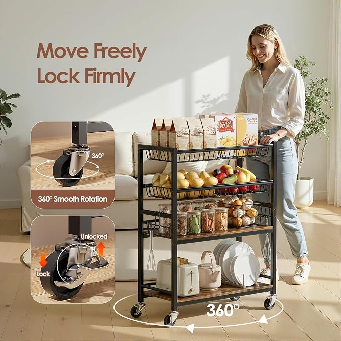Fruit Vegetable Storage Cart, 4 Detachable Basket | 4-Tier Kitchen Rolling Storage Cart, Fruit & Vegetables Stand, Snack Organizer for Kitchen, Bathroom, Living Room - Image 3
