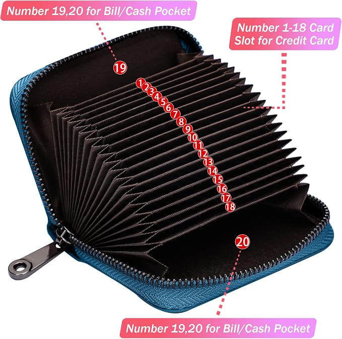 Linno RFID 20 Slots Credit Card Holder Genuine Leather Small Wallet for Women or Men with Zipper - Image 2