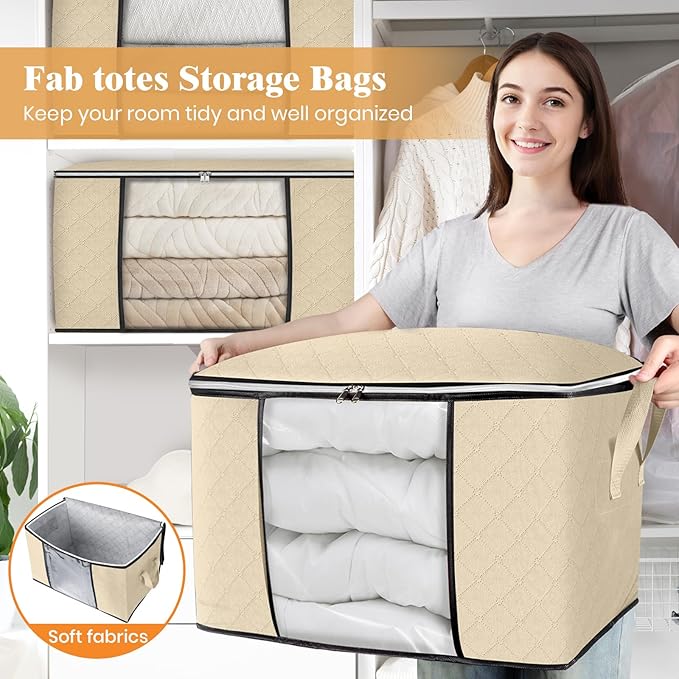 90L Clothes Storage, Foldable Thick Fabric Blanket Storage Bags | Foldable Containers with Zippers,Window and Handles for Organizing Bedroom, Closet, Comforter, Bedding,Dorm essentials - Image 5