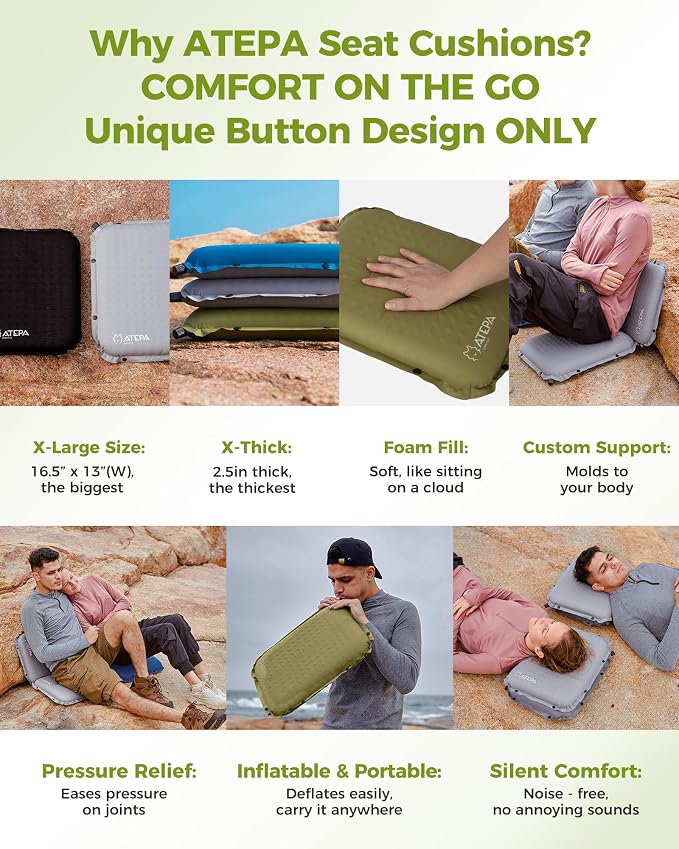 ATEPA Inflatable Seat Cushion | 2" & 2.5" Foam Core Seat Pad, Self Inflating, Compact, Stadium, Airplane, Travel, Camping, Hiking, Sports events - Image 4