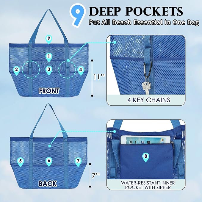 Fammart Mesh Beach Bag for Women, Large Beach Toy Pool Bag with Zipper Pocket, SandProof Cruise Essentials 2026 Family Travel - Image 5
