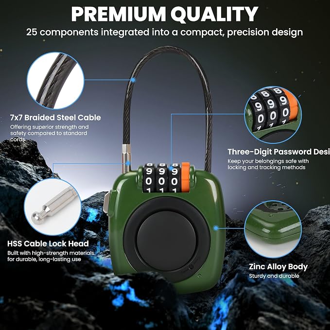 3-Digit Combination Holder Lock Compatible with Apple AirTag, Steel Cable – Alloy Body Ultra Durable Secure Anti-Theft for Luggage, Backpack, Bags, Suitcase, Gym Locker, Travel Safe (Green) - Image 3