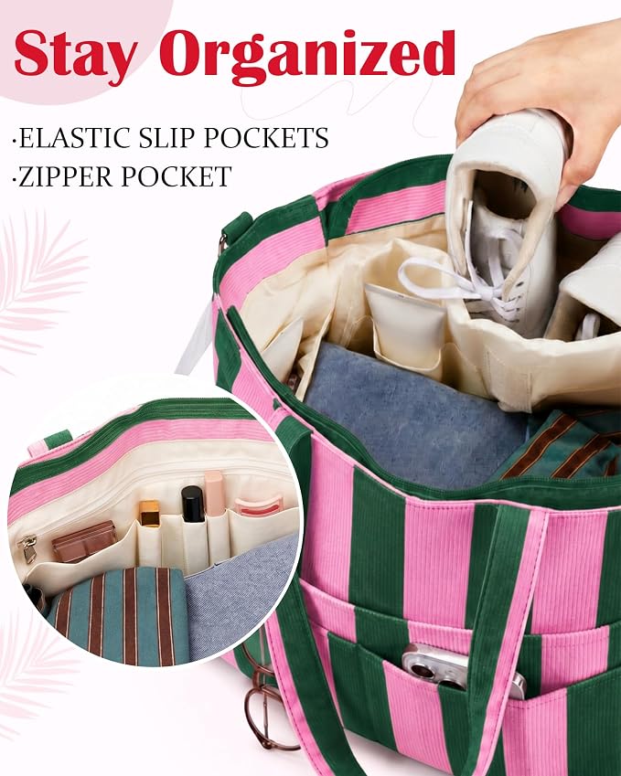 Kacctyen Striped Beach Tote Bag for Women Large Beach Foldable Tote Bag with Zipper Pockets for Travel Pool - Image 5