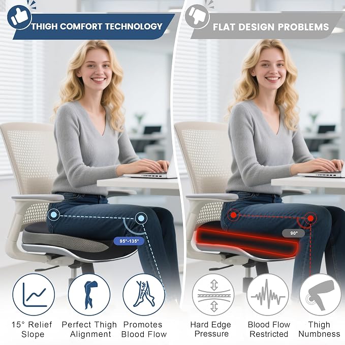Seat Cushion for Office Chair, Wedge Car Seat Cushion, Memory Foam Truck Seat Cushion for Sciatica Tailbone Pain Relief, Long Driving, Coccyx - Image 6