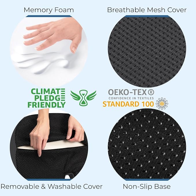 5 STARS UNITED Seat Cushion - Memory Foam Chair Cushion for Tailbone Pain Relief - Ergonomic Support for Coccyx, Sciatica & Butt - Office, Desk & Gaming Chair, Car Seat, Wheelchair, Dark Gray Mesh - Image 6