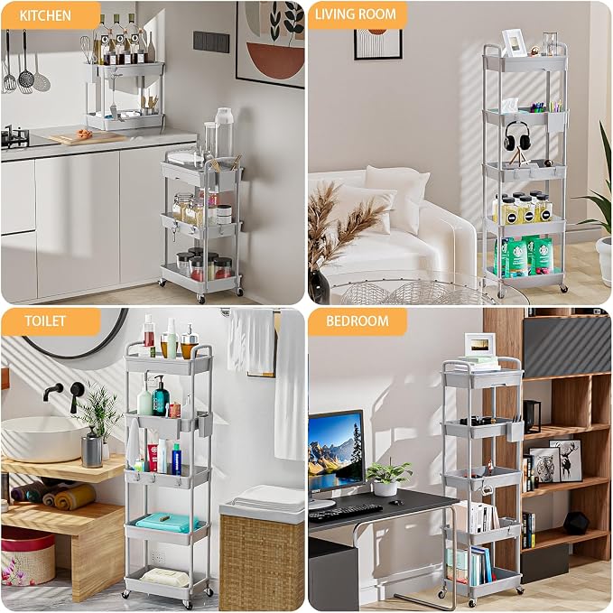 5 Tier Rolling Utility Cart with Drawer,REBECAT Utility Cart Made of Multifunctional Storage Organizer Tool for Kitchen,Bathroom,Living Room,Office(Gray) - Image 6