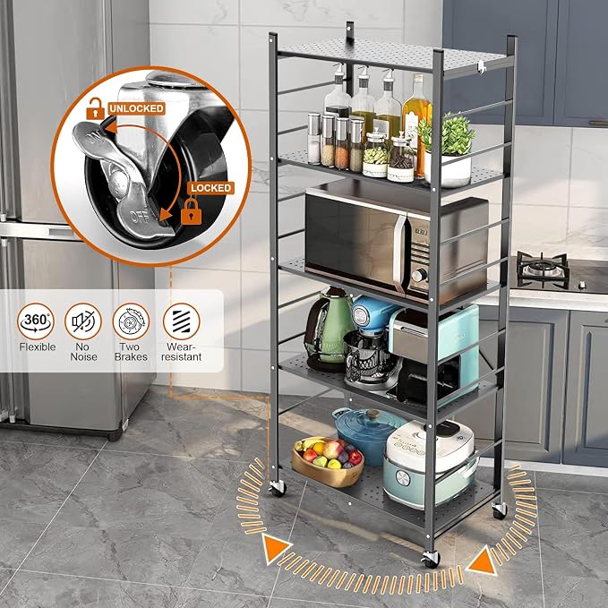 Himix 5-Tier Foldable Storage Shelves with 20 Hooks Wheels Grey Display | Folding shelving units, Metal collapsible organization, Wire shelf, No assembly, Bookshelf, Kitchen, Home rack, Holds 440 Ibs - Image 4