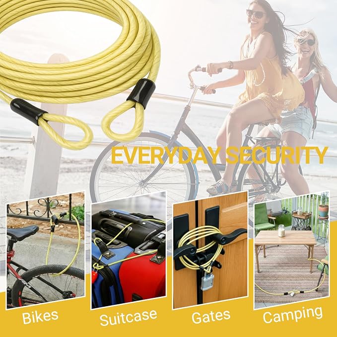 5mm Security Cable Lock with High Reflective Threads, Flexible Steel Safety Cable for Bicycle Motorcycle Luggage, 4FT 7FT 10FT 15FT Double Loop Design (Yellow-Green, 2pack-10FT) - Image 3