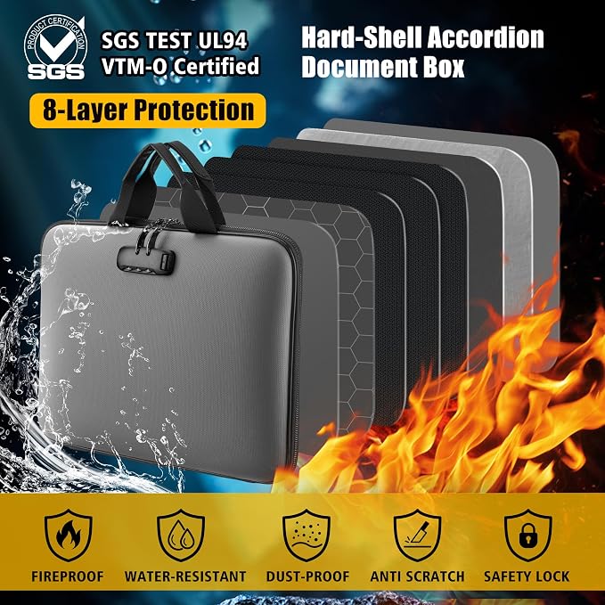 facka Fireproof Document Box with Lock, Hard-Shell Safe File Organizer | 13-Pocket Accordion Folder for Important & Legal Documents, Laptop, Passport, Cards & Valuables, Home Office Travel Gray - Image 3