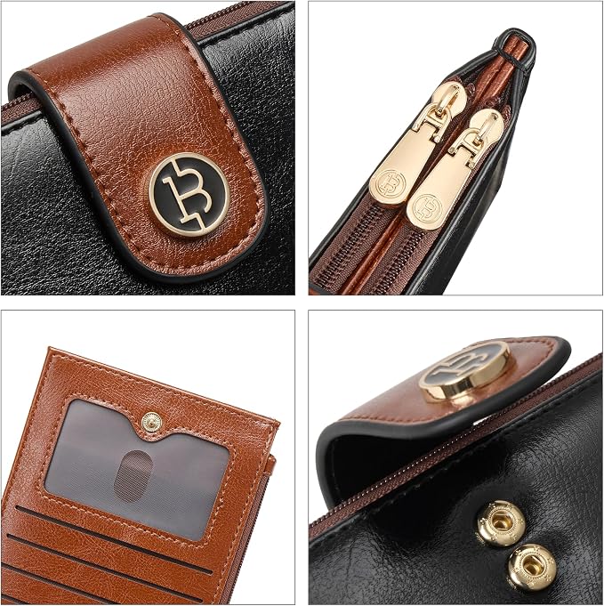 BOSTANTEN Leather Womens Wallet Large RFID Blocking Slim Card Holder | 16 Card Slots, 2 Zipper Pockets, Bifold, Long, Fits Most Purses, Organized Everyday Carry, Ladies Gifts, Black＆Brown - Image 3