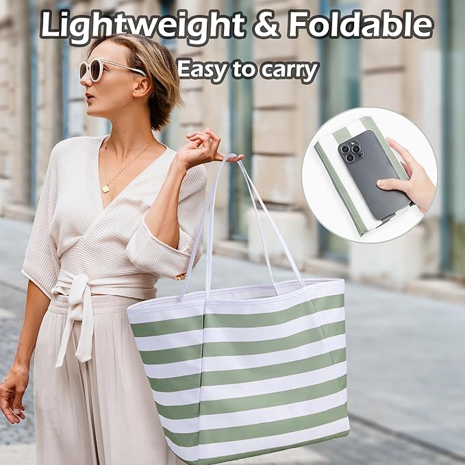 KALIDI Beach Tote Bag Women Large Waterproof Sandproof Shoulder Handbags | Foldable Grocery Bag Striped Pool Bag Lightweight Travel Purse for Picnic Travel Vacation Casual Errands Everyday Daily - Image 6