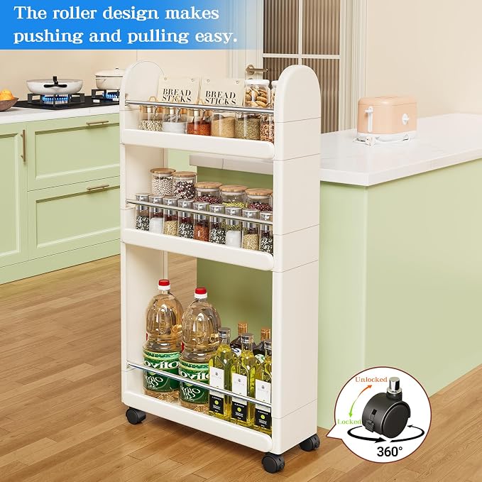 MiaLi 3 Tier Slim Storage Cart with Wheels, 1 PCS White Utility Slim Cart with Plastic, Adjustable Size for Laundry Kitchen Bathroom Narrow Places, Easy to Clean, Space Saving (White) - Image 6