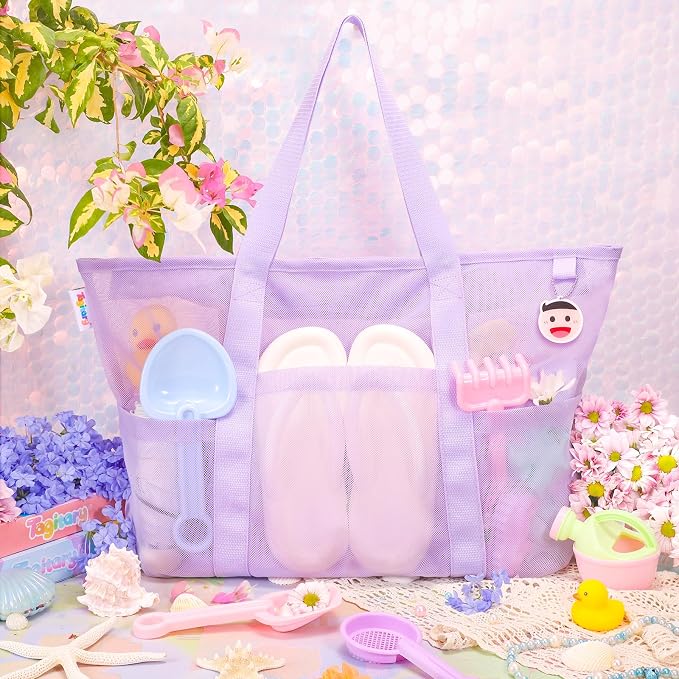 Tagitary Mesh Beach Bag with Zipper Large Beach Tote Waterproof Sandproof with 8 Pockets for Toys Pool Bag Beach Accessories - Image 3