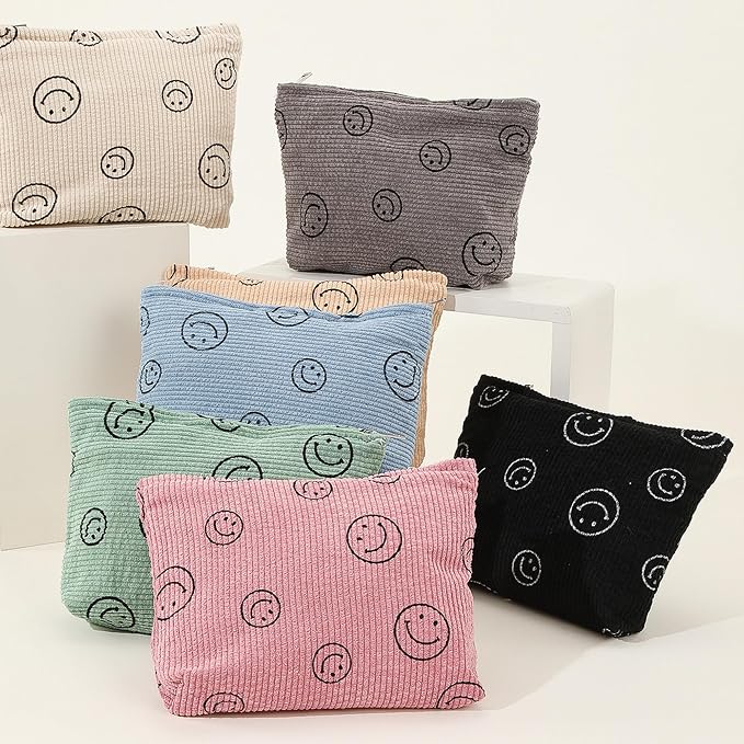 Cosmetic Bags for Women - Corduroy Cosmetic Bag Aesthetic Women Handbags Purses Smile Dots Makeup Organizer Storage Makeup Bag Girls Case Bags (A-Black) - Image 7