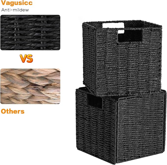 Wicker Basket, Set of 2 Woven Storage Baskets for Shelves, Foldable Cube Storage Basket Bins with Handles, 9 inch Small Storage Baskets for Organizing Pantry Bedroom, Black - Image 6
