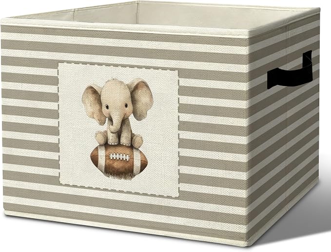 Rustic Elephant Football Storage Bins Boxes Handles | grey striped nursery foldable basket for organizing bedroom toddler playroom by Unknown