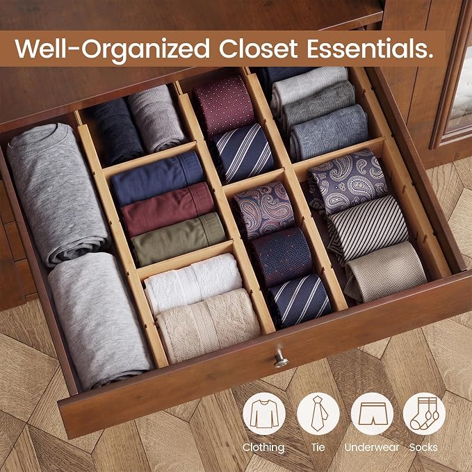 Bamboo Drawer Dividers 6 Pack with Inserts, Kitchen Adjustable Drawer Organizers for Home, Bedroom, Dresser, Expandable Organization 6 Dividers with 12 Inserts - Image 7