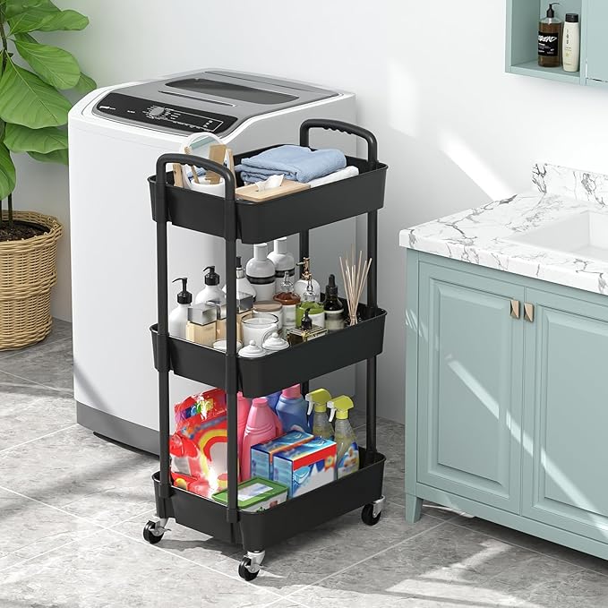 Sywhitta 3-Tier Plastic Rolling Utility Cart with Handle, Multi-Functional Storage Trolley for Office, Living Room, Kitchen, Movable Storage Organizer with Wheels, Black (Pack of 2) - Image 5