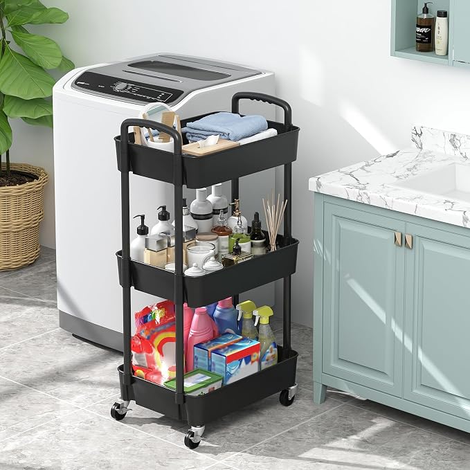 Sywhitta 3-Tier Plastic Rolling Utility Cart with Wheels for Storage,Black | Multi-Functional Storage Trolley, for Office, Living Room, Kitchen, Bathroom,Movable Organizer,Space-Saving,Easy to assemble - Image 5