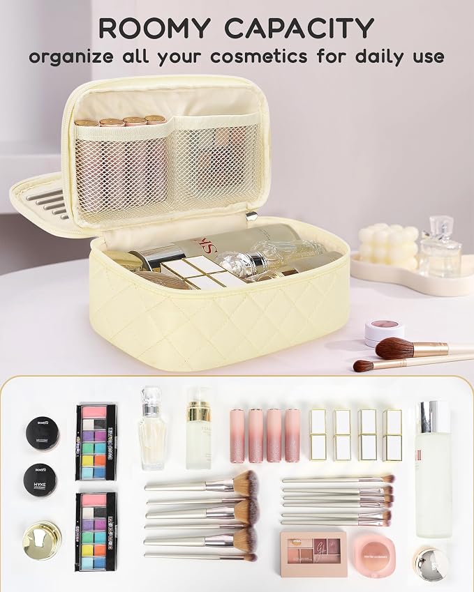 Relavel Travel Makeup Bag, Small Cosmetic Bag with Makeup Brush Compartment | Double Layer Makeup Organizer Bag with Handle, Portable Toiletry Bag Makeup Pouch for Women, White - Image 5