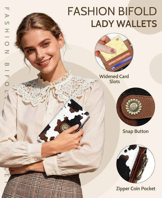 GIANCOMICS Cow Print Womens Wallet RFID Blocking, Credit Card Holder Bifold | Billfold, Cute Cash Purse, Travel Zipper Coin Pocket, Compact Clutch, PU Leather, ID Window, 11 Card Slots, Ladies Gift Woman - Image 6