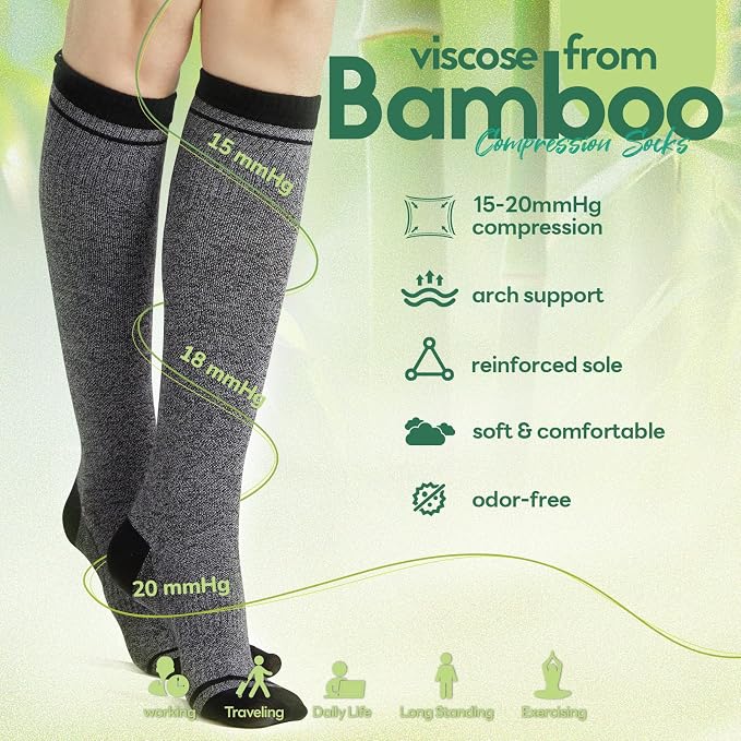 Compression Socks Women & Men, 15-20 mmHg Bamboo Viscose Knee High Soft Support for Flying Travel Daily - Image 5